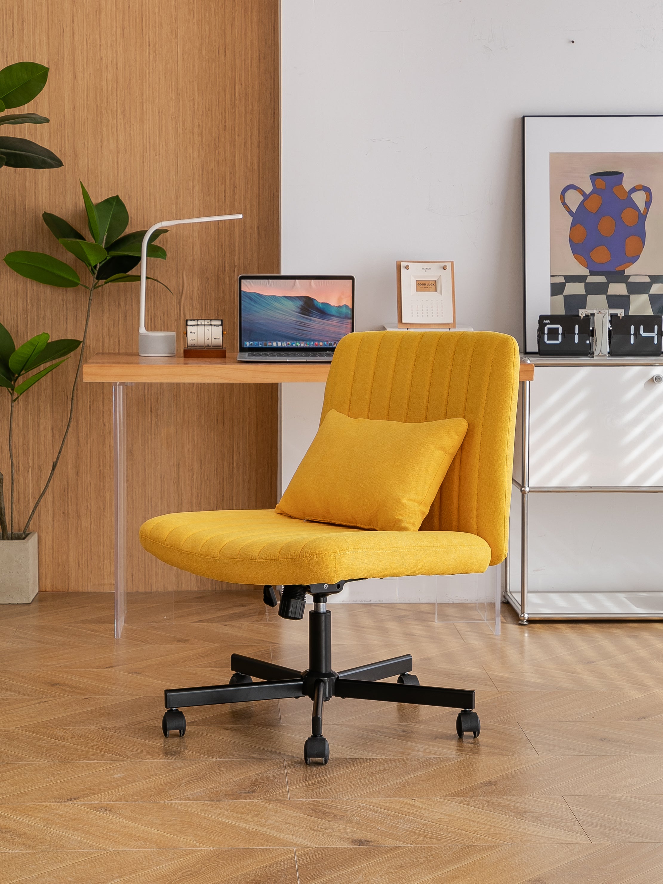 Yellow Linen Criss Cross Armless Office Chair with Wheels - Modern Comfort for Home Office, Meditation & Makeup Spaces | Prem