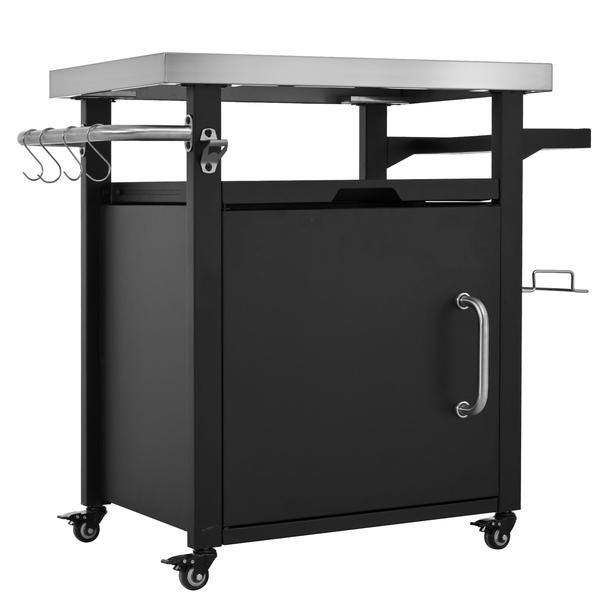 K&K 39.5' Outdoor Grill Cart with Storage Cabinet, Outdoor Bar Cart Pizza Oven Table with Wheels, Stainless Steel Top, Outdoor Kitchen Island with Spice & Paper Rack for BBQ, Waterproof Cover Included - Grand Goldman Shop