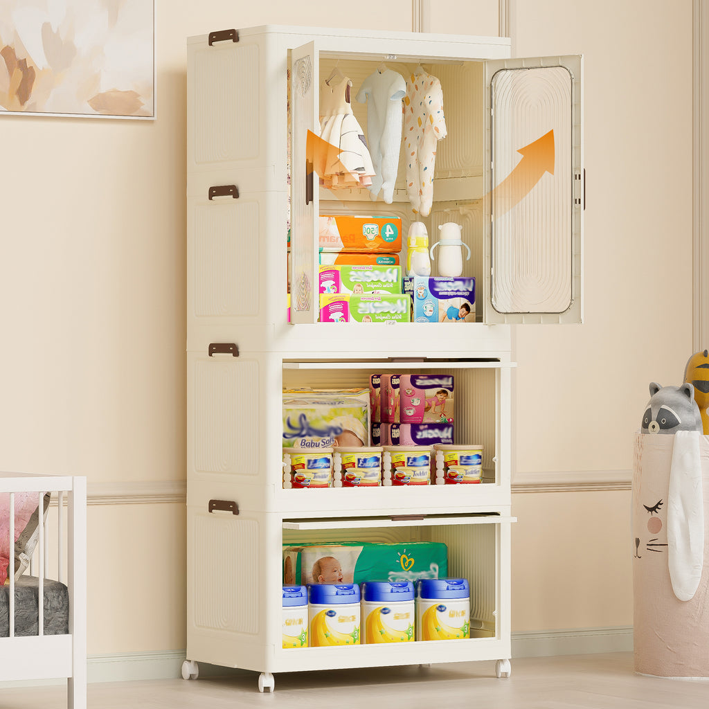 Portable Wardrobe Closet Storage Organizer with Magnetic Doors and Hanging Rod, Cream White - Grand Goldman Shop