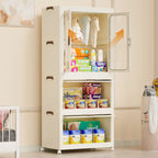 Portable Wardrobe Closet Storage Organizer with Magnetic Doors and Hanging Rod, Cream White - Grand Goldman Shop