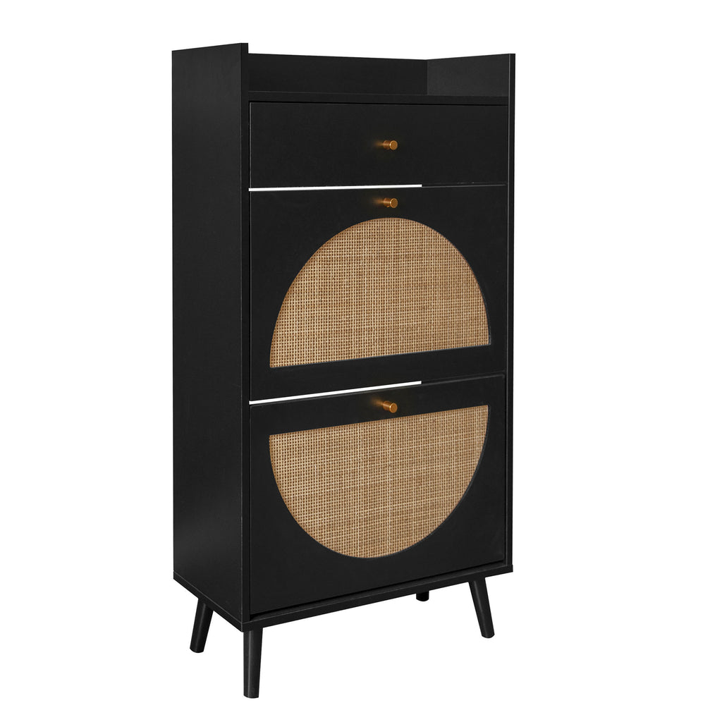 Allen Rattan 2-Door 1-Drawer Cabinet Shoe Rack for Entrance, Black Particle Board, Double Layer - Grand Goldman Shop