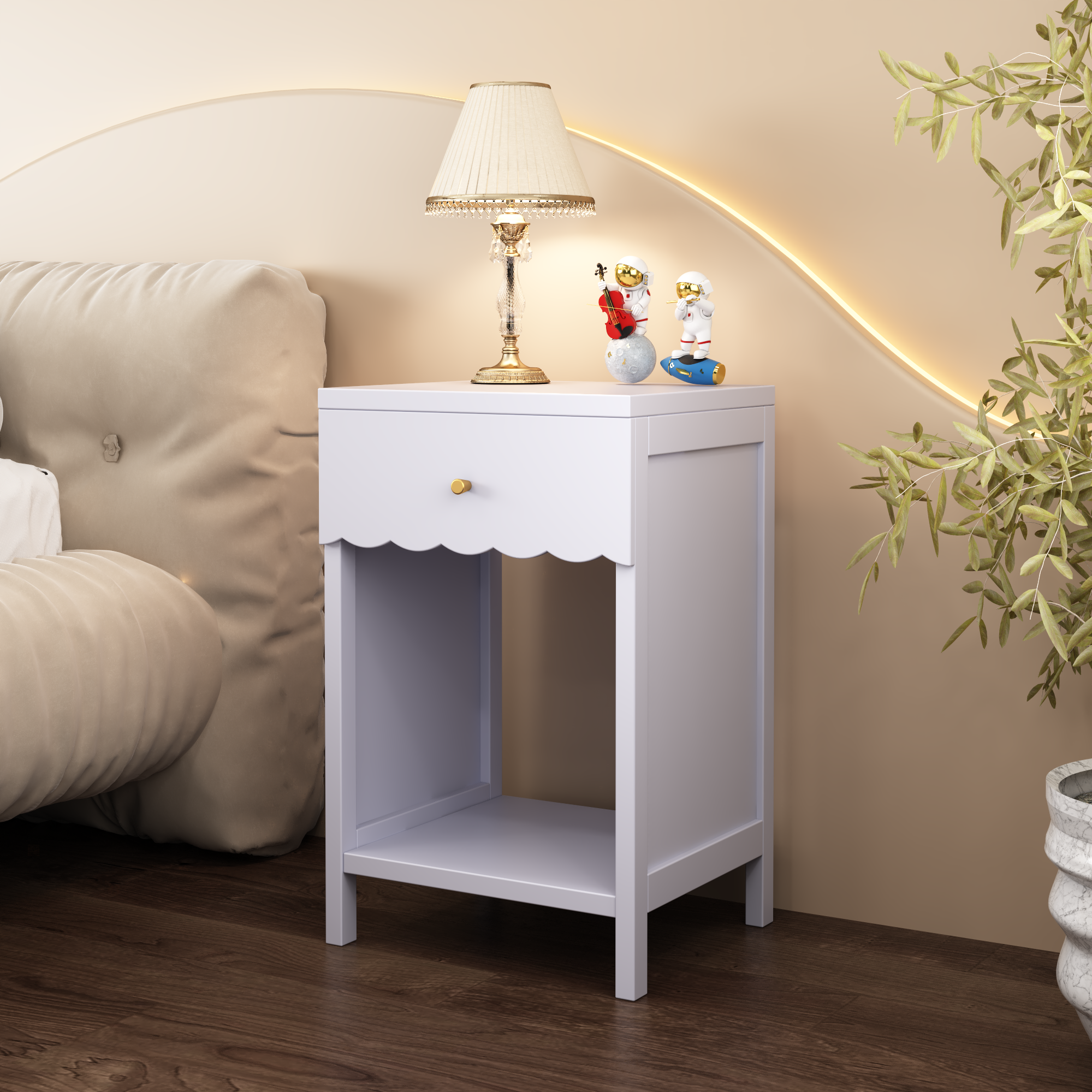 Modern Nightstand with Drawer and Open Shelf, Scalloped Edge Bedside Table in Light Purple, Minimalist Side Table for Kids Room or Girls' Room, Engineered Wood, 16.93 x 14.96 x 26.77 inches - Grand Goldman Shop