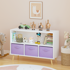 Kids Bookcase with Collapsible Fabric Drawers, Children's Book Display Organizer in White and Purple, MDF with Pine Legs - Gr