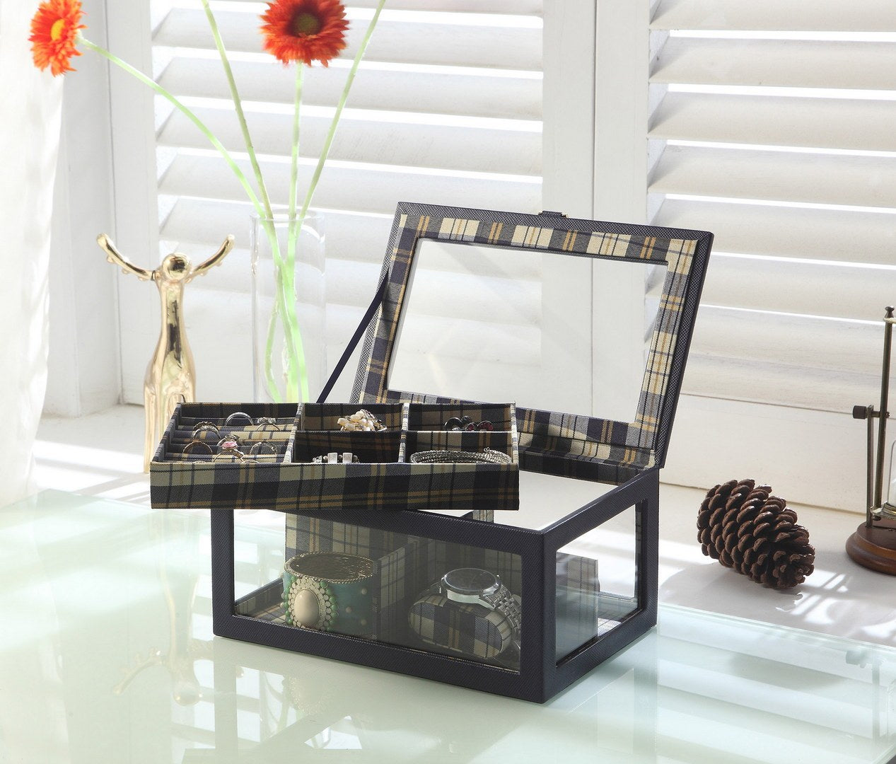 9.8' Long Tempered Glass and Leather Jewelry Case / Watch Display, Blue - Grand Goldman Shop