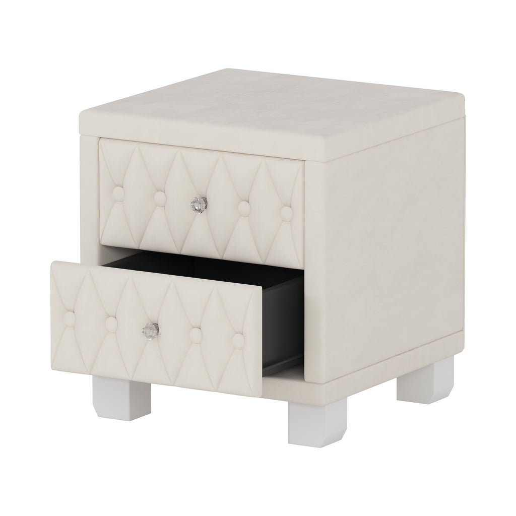 Elegant Velvet Nightstand with 2 Drawers and Crystal Handle, Storage Bedside Table with Button-Tufted, Beige - Grand Goldman Shop