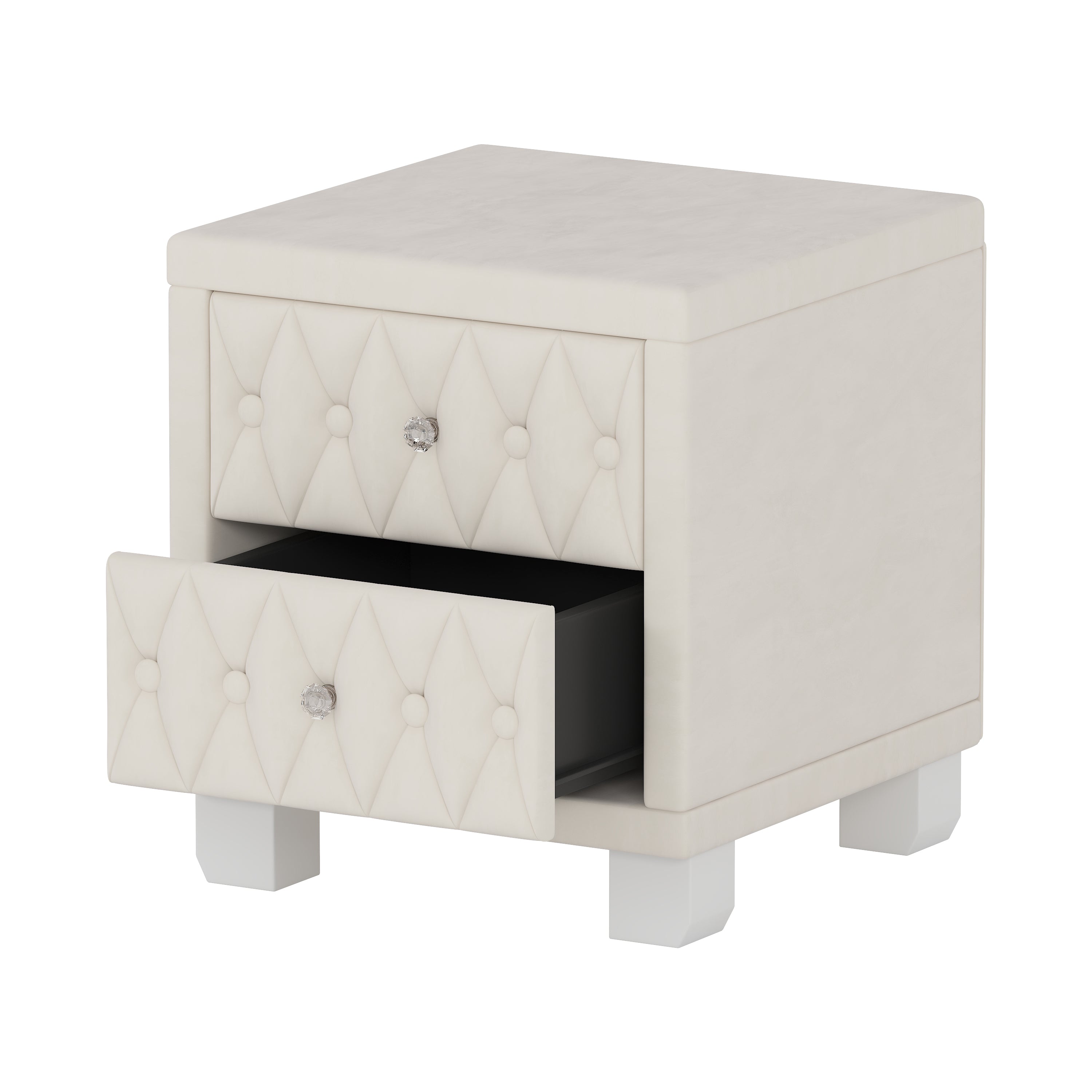 Elegant Velvet Nightstand with 2 Drawers and Crystal Handle, Storage Bedside Table with Button-Tufted, Beige - Grand Goldman Shop