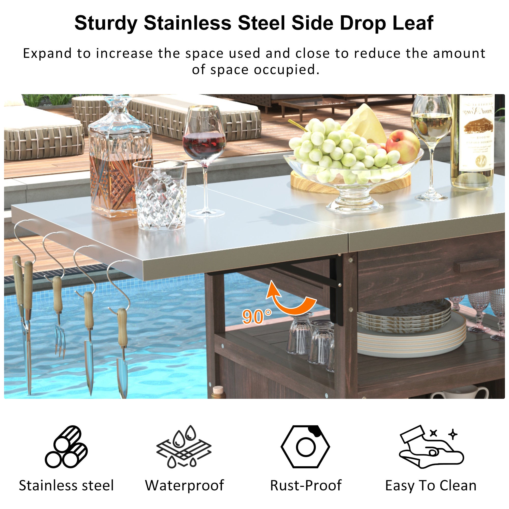 K&K 40.5' Outdoor Grill Cart with Stainless Steel Top, Solid Wood Outdoor Storage Cabinet with Drop Leaf, One Drawer, Towel Rack, Rolling Kitchen Cart with Lockable Wheels for Lawn Garden, Brown - Grand Goldman Shop