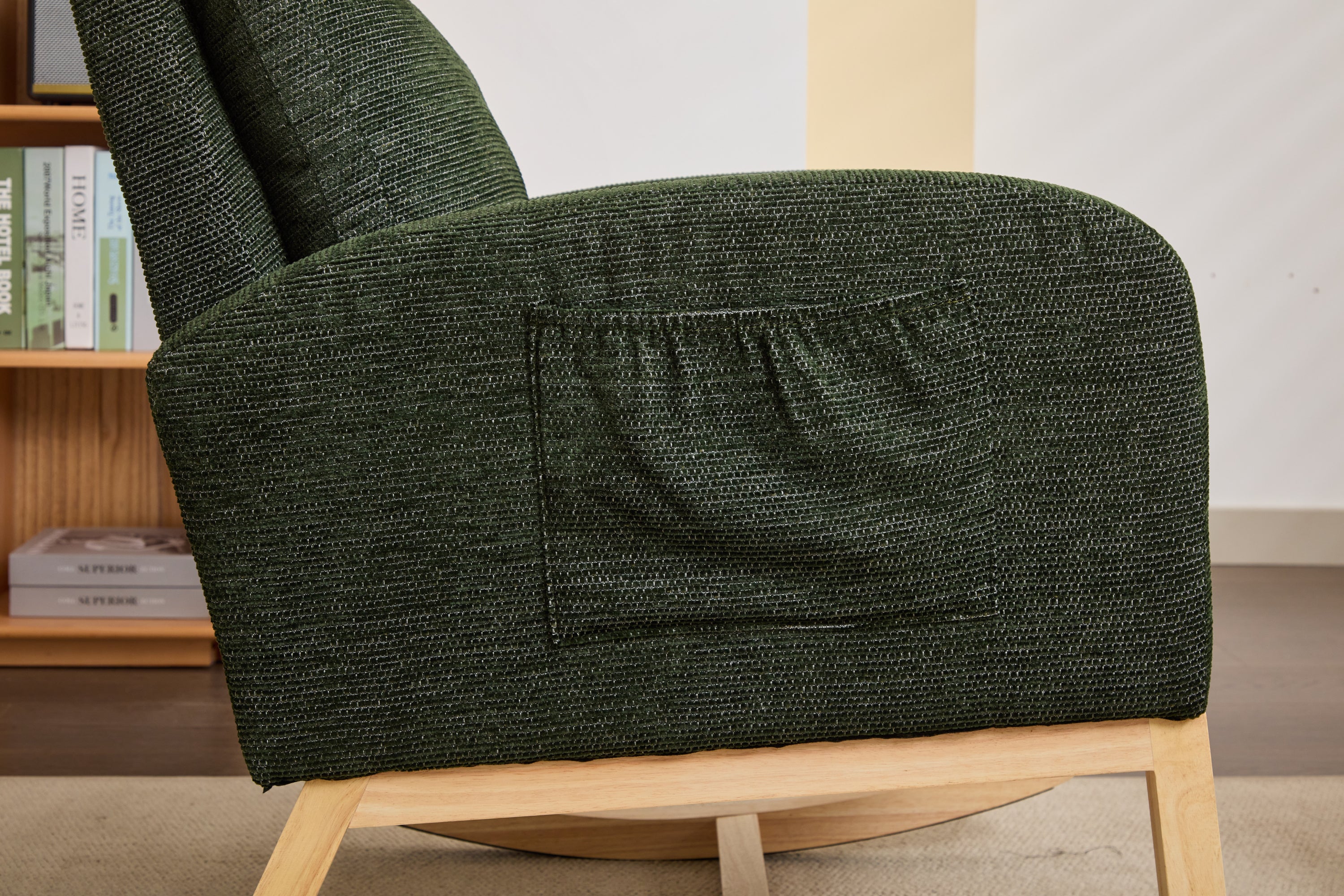 Modern Accent Rocking Chair Rocking Chair with Solid Wood Legs, Upholstered Nursery Glider Rocker, Comfy Armchair with Side Pocket, Living Room Lounge Arm Chair with High Backrest fabric - Grand Goldman Shop