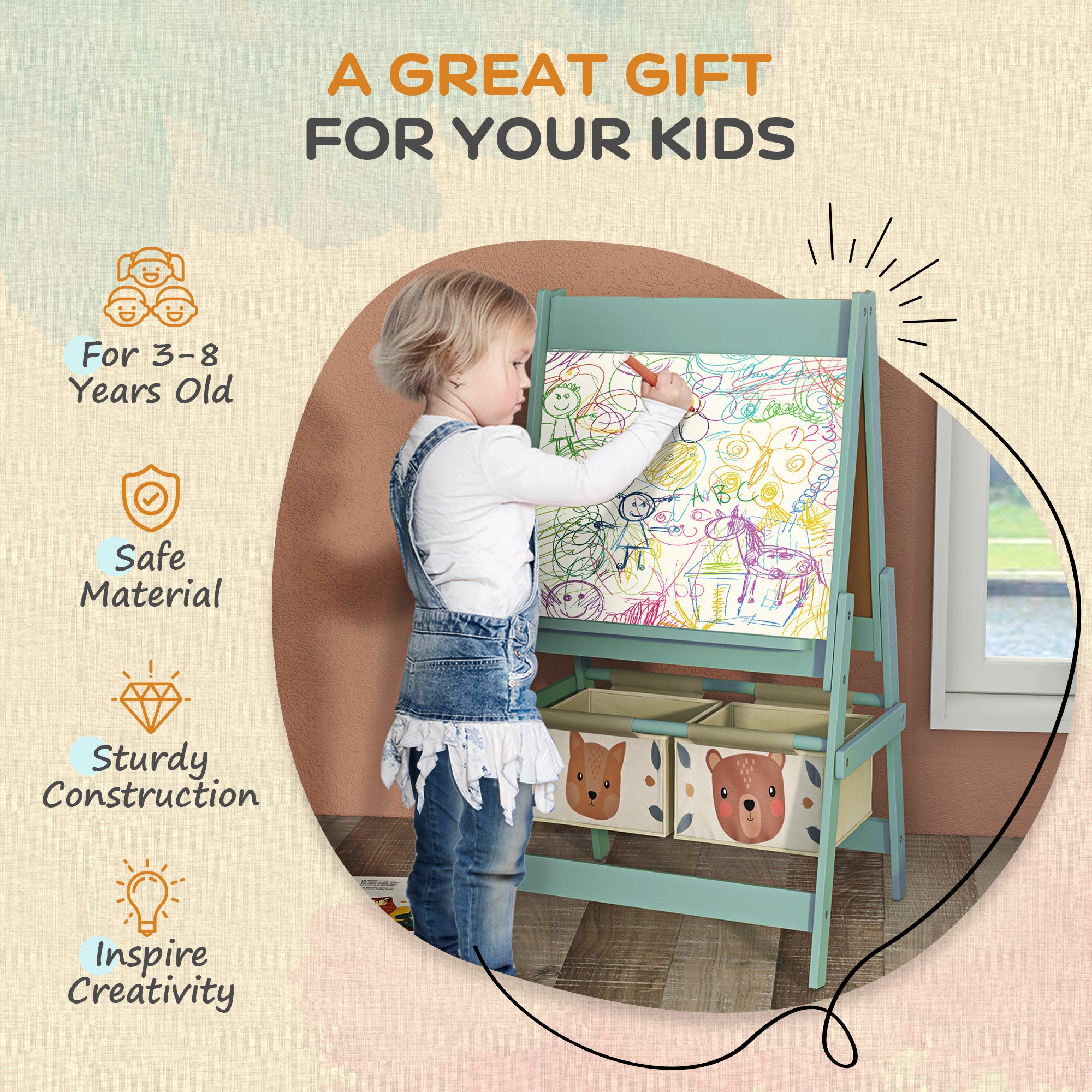 Qaba Art Easel for Kids with Paper Roll, 3 in 1 Toddler Painting Easel with Blackboard, Whiteboard, Storage Baskets, Green - 