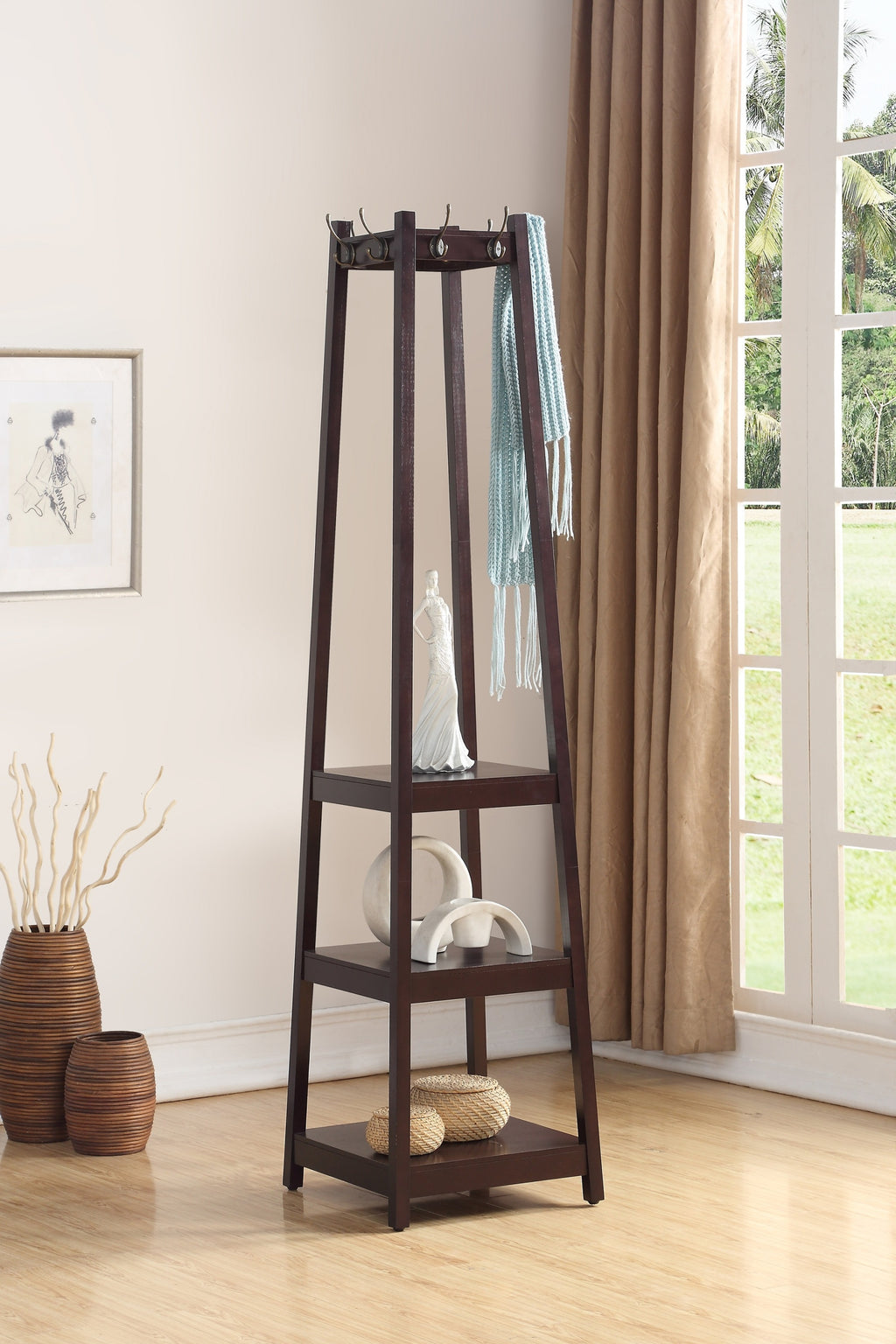 Vassen Coat Rack w/ 3-Tier Storage Shelves in Espresso Finish - Grand Goldman Shop