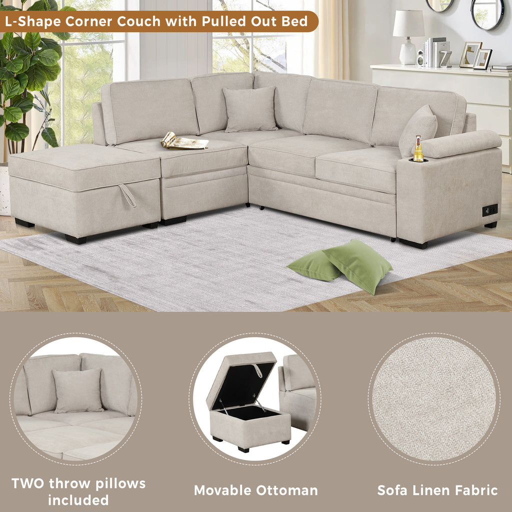 2 in 1 Sleeper Sofa Bed with Storage Ottoman, Beige Linen Upholstery, 84.75' L Shape Couch for Small Spaces - Grand Goldman Shop