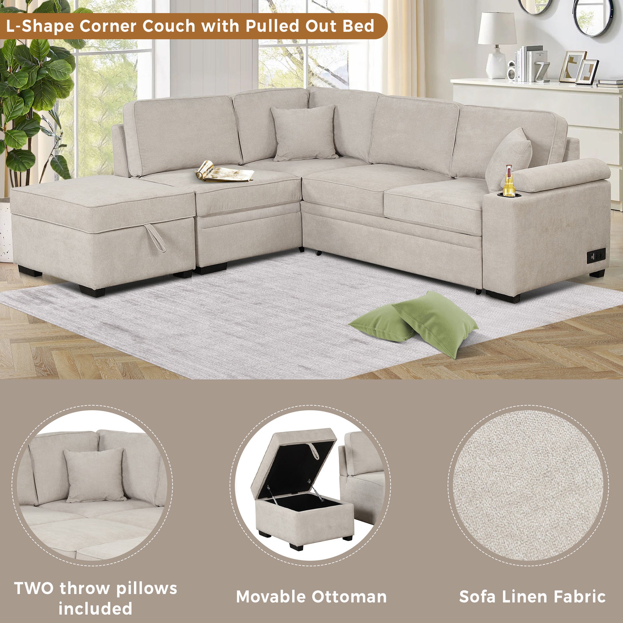 2 in 1 Sleeper Sofa Bed with Storage Ottoman, Beige Linen Upholstery, 84.75' L Shape Couch for Small Spaces - Grand Goldman Shop
