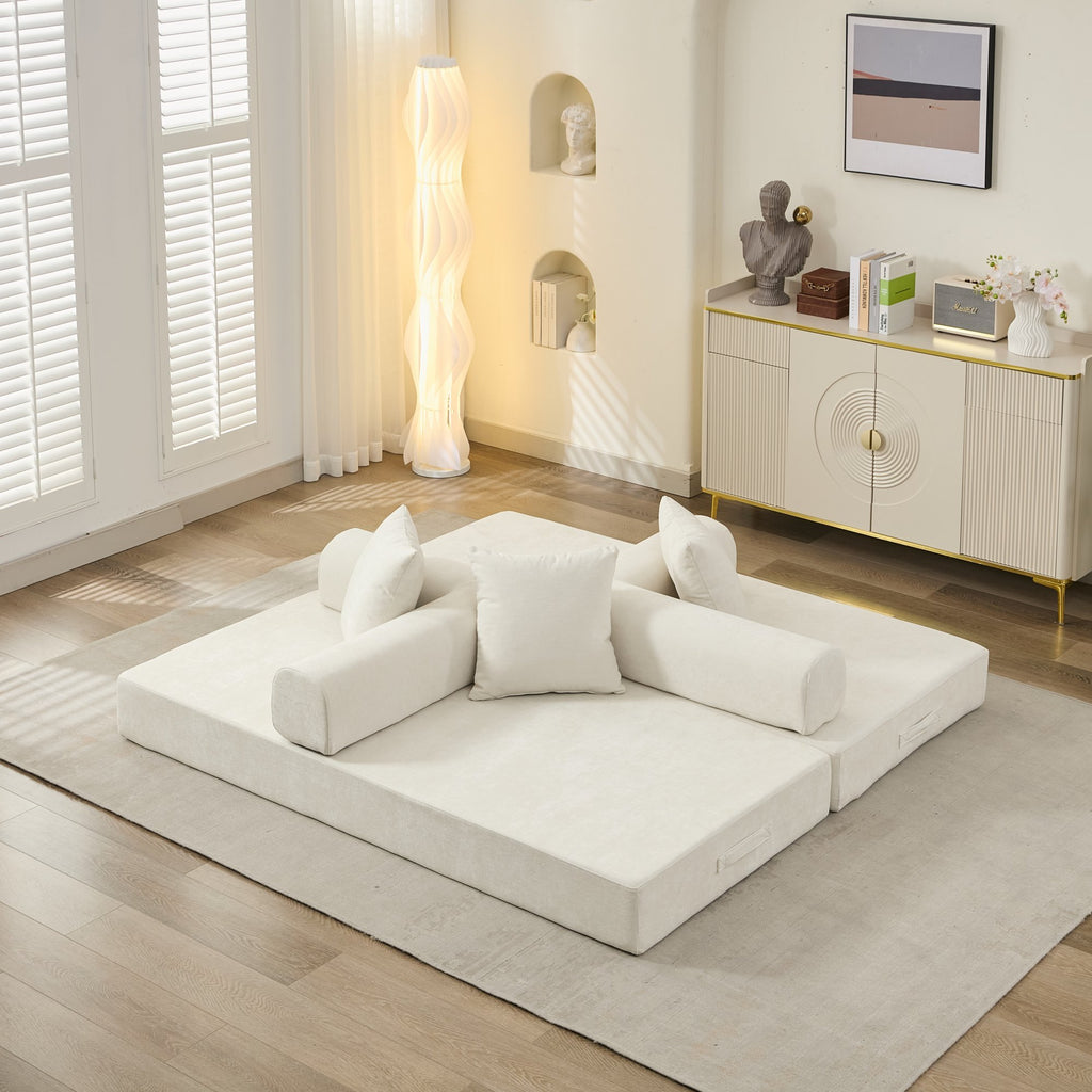 Comfy Convertible Folding Mattress Couch, Floor Sofa Bed, Chenille Floor Sofa with Armrest, Floor Sofa Lounge Couch for Living Room Bedroom Lounge Studio-Beige - Grand Goldman Shop