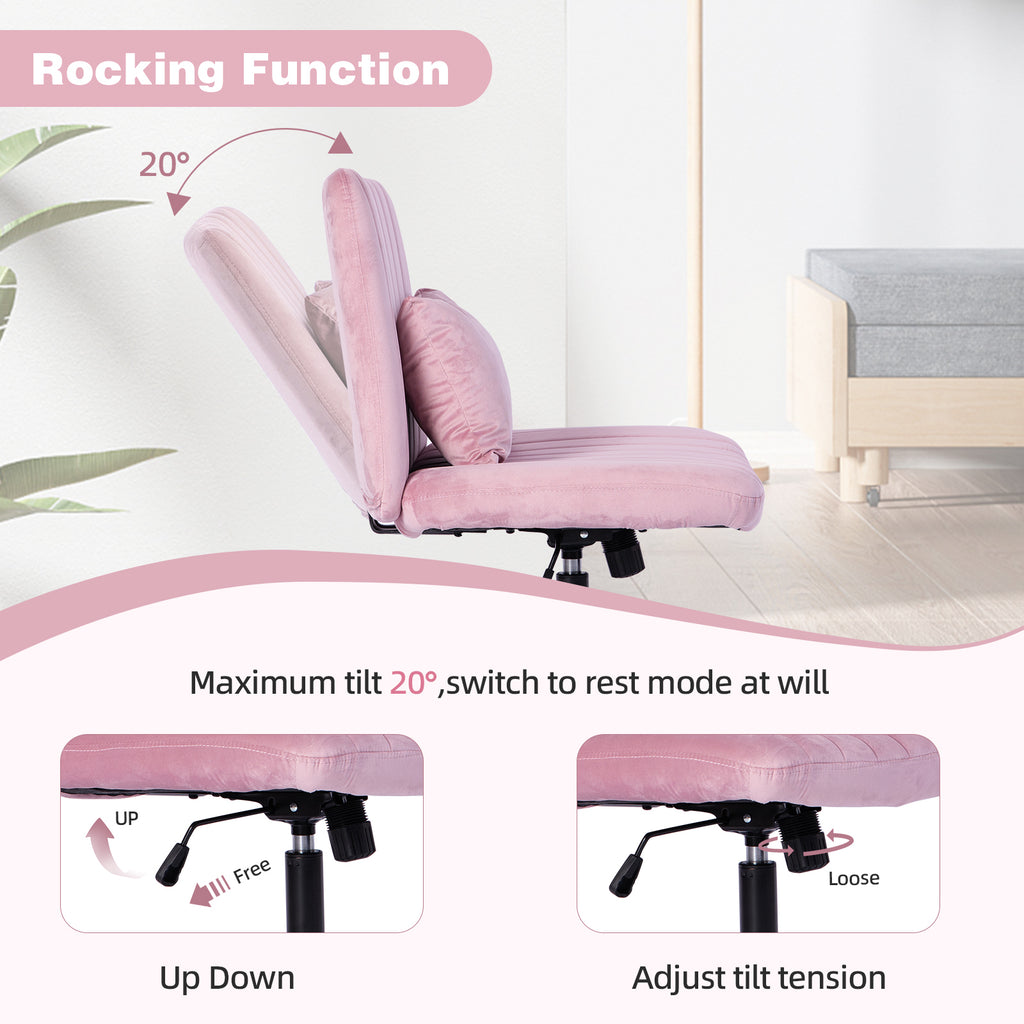 Light Pink Velvet Criss Cross Armless Office Chair with Wheels - Comfortable & Stylish for Home Office, Meditation, and Makeu