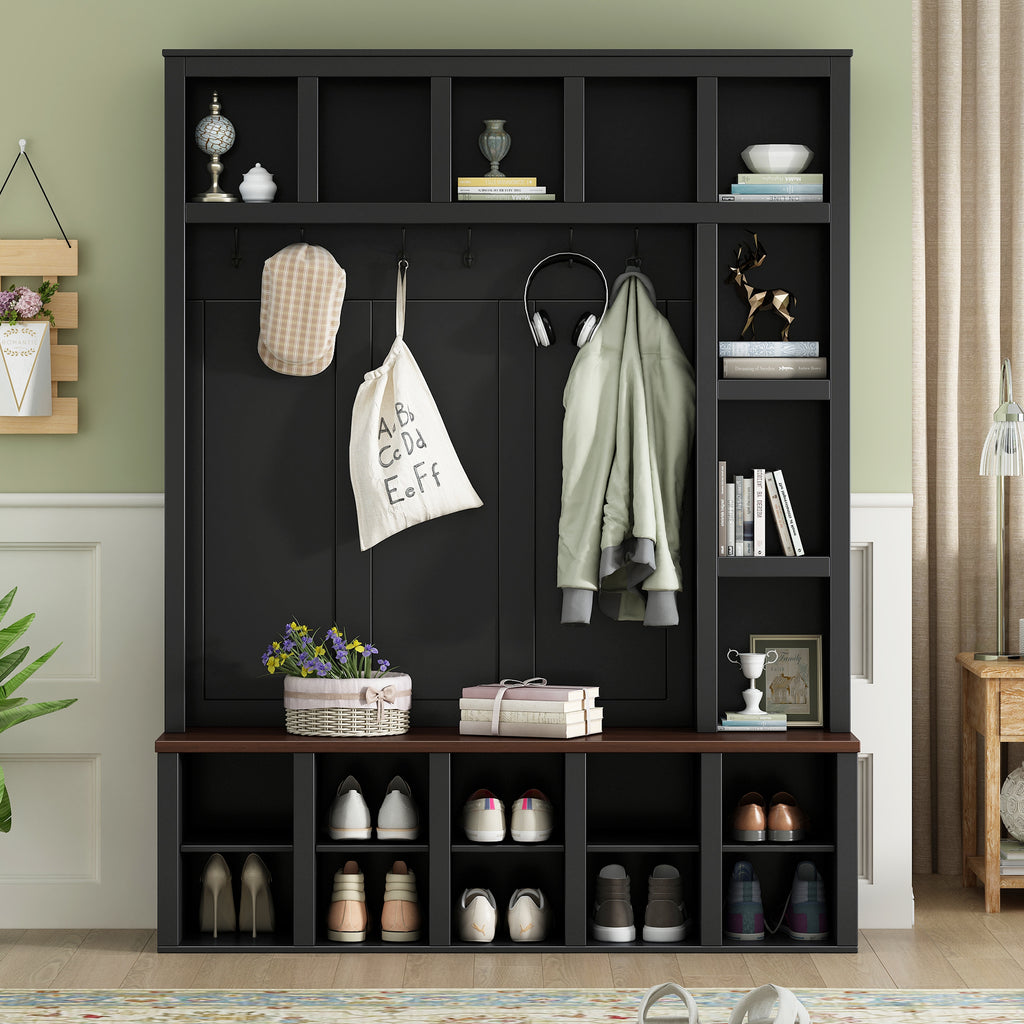 Farmhouse Wooden Hall Tree with 6 Hooks, Walnut Storage Bench with Adjustable Shelves,  4-in-1 Entryway Shoe Cabinet with Cubbies for Mudroom, Living Room, Black, 76.7'H (OLD SKU: N721S000044B) - Grand Goldman Shop