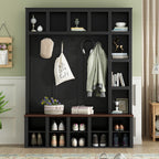 Farmhouse Wooden Hall Tree with 6 Hooks, Walnut Storage Bench with Adjustable Shelves,  4-in-1 Entryway Shoe Cabinet with Cubbies for Mudroom, Living Room, Black, 76.7'H (OLD SKU: N721S000044B) - Grand Goldman Shop