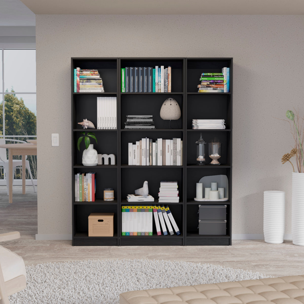 Bartow 3 Piece Home Bookcase set, 60' Wide with 15 Shelves ,  Living Room Set Set  Black | Premium Home Decor - Grand Goldman