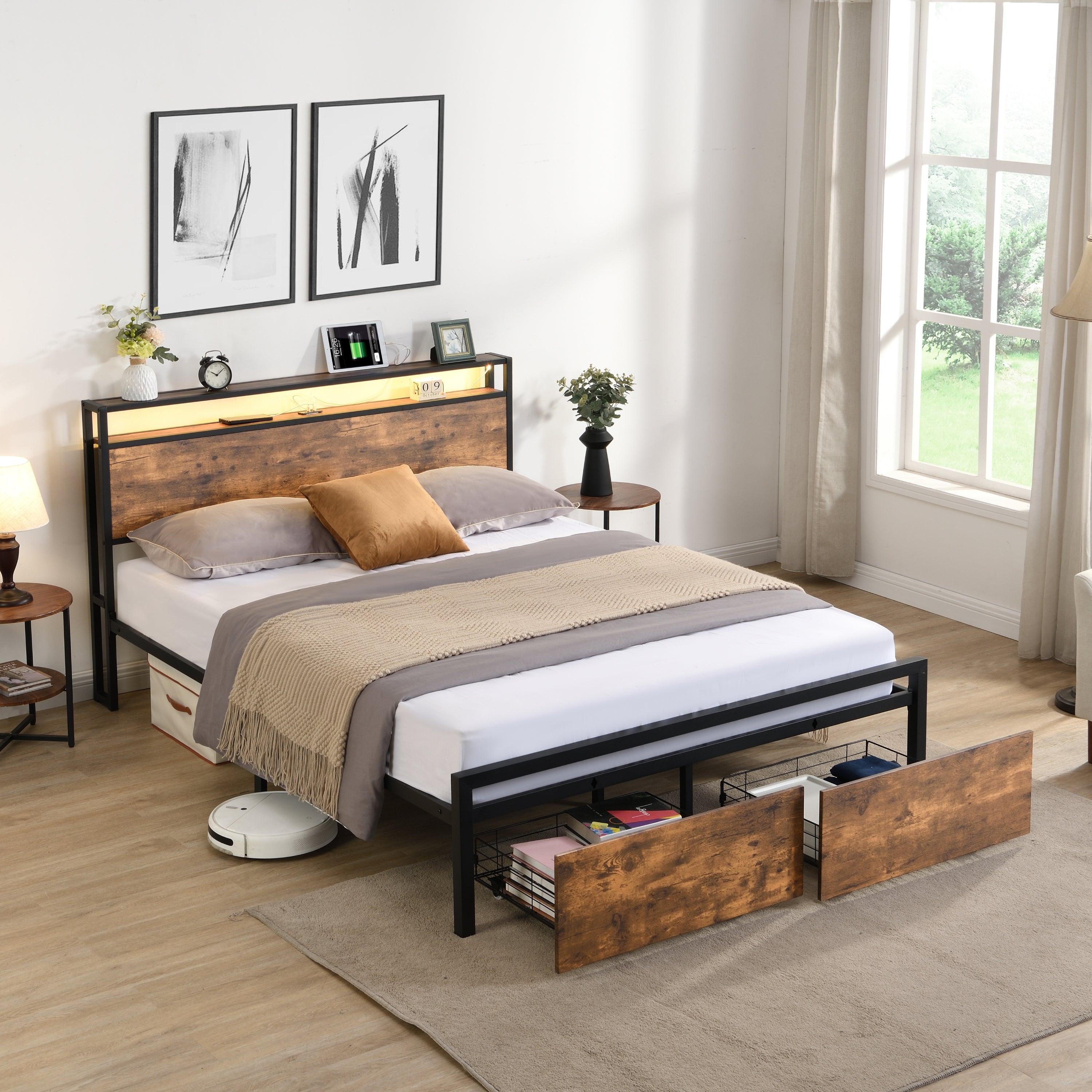 Full Size Bed Frame with Storage Headboard and 2 Drawers, LED Lights Bed with Charging Station, Metal Platform Bed No Noise, Mattress Foundation Strong Metal Slats Support No Box Spring Needed - Grand Goldman Shop