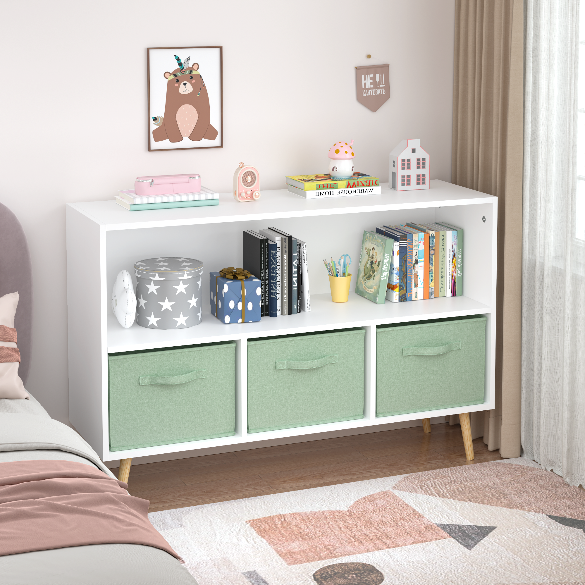 Kids bookcase with Collapsible Fabric Drawers, Children's Book Display, Toy Storage Cabinet Organizer, White/Green | Premium 
