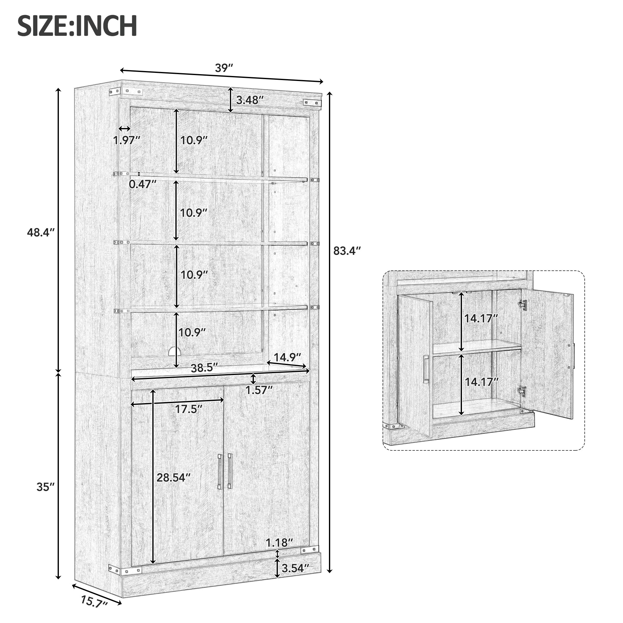 83.4'Tall Modern Bookshelf with Doors, Farmhouse Bookcase with 3-Tier Adjustable Shelves, Display Shelves with LED Light,Larg