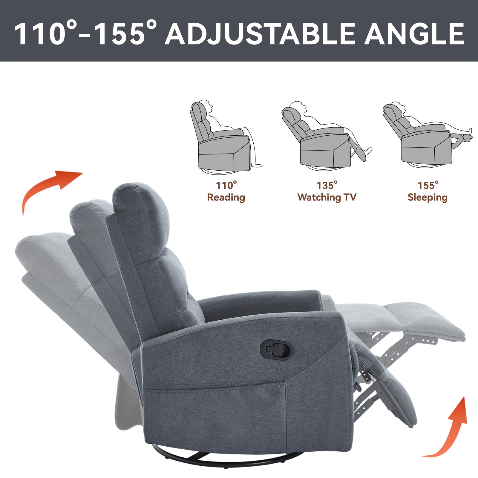 Manual Recliner Chair with Rocker and Swivel in Fabric for Living Room, Grey - Grand Goldman Shop