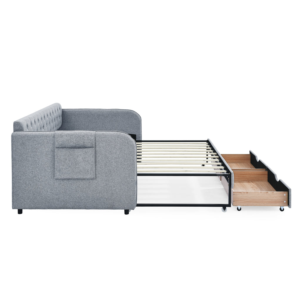 Linen Grey Mid-Century Style Twin Daybed with Trundle and Storage Drawers, Flat Arms with Pocket, Extendable for Bedroom or Living Room - Grand Goldman Shop