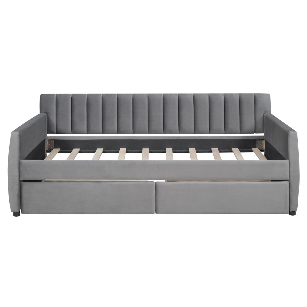 Twin Size Upholstered daybed with Drawers, Wood Slat Support, Gray - Grand Goldman Shop