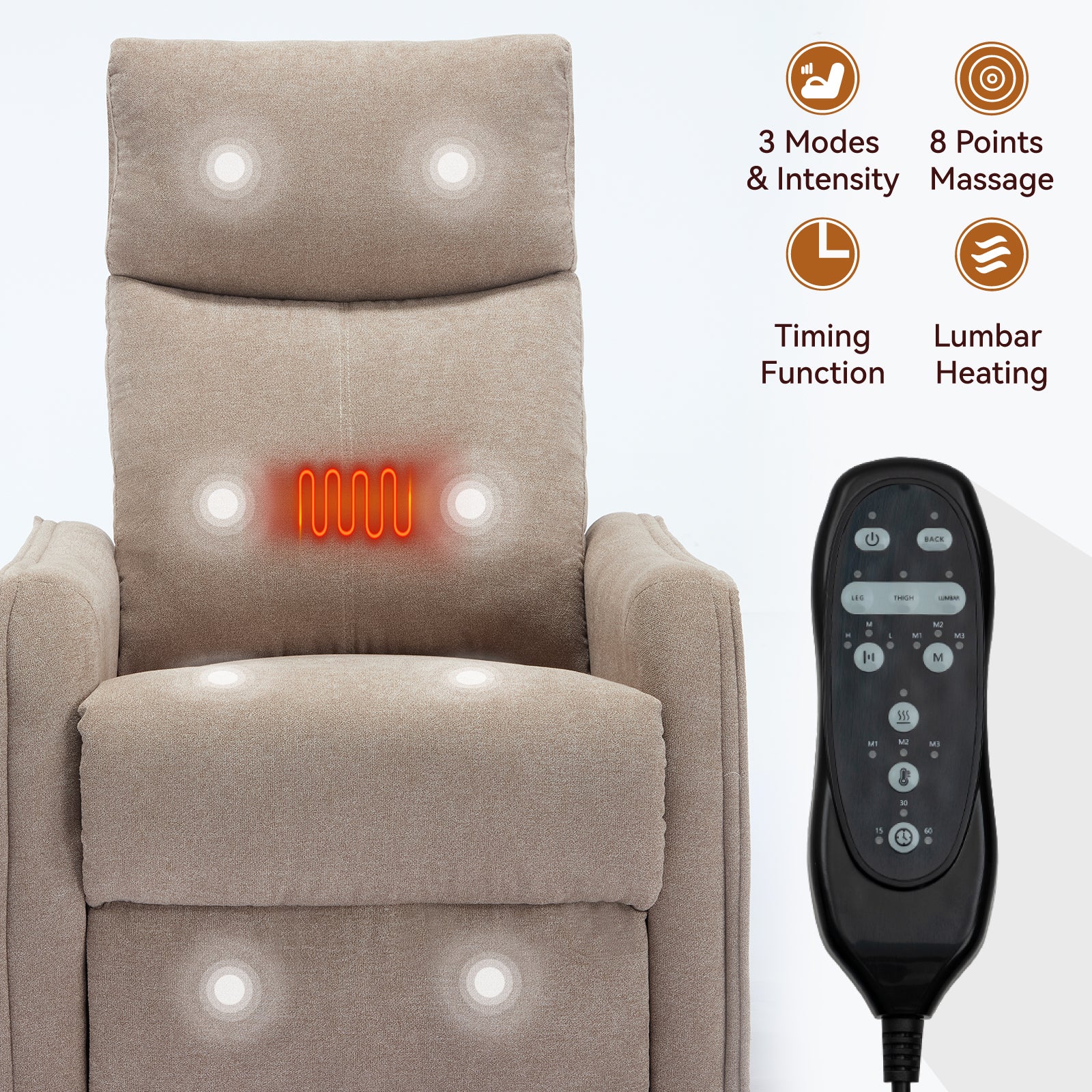 Heat Massage Manual Recliner Chair with Rocker and Swivel in Fabric for Living Room, Khaki - Grand Goldman Shop