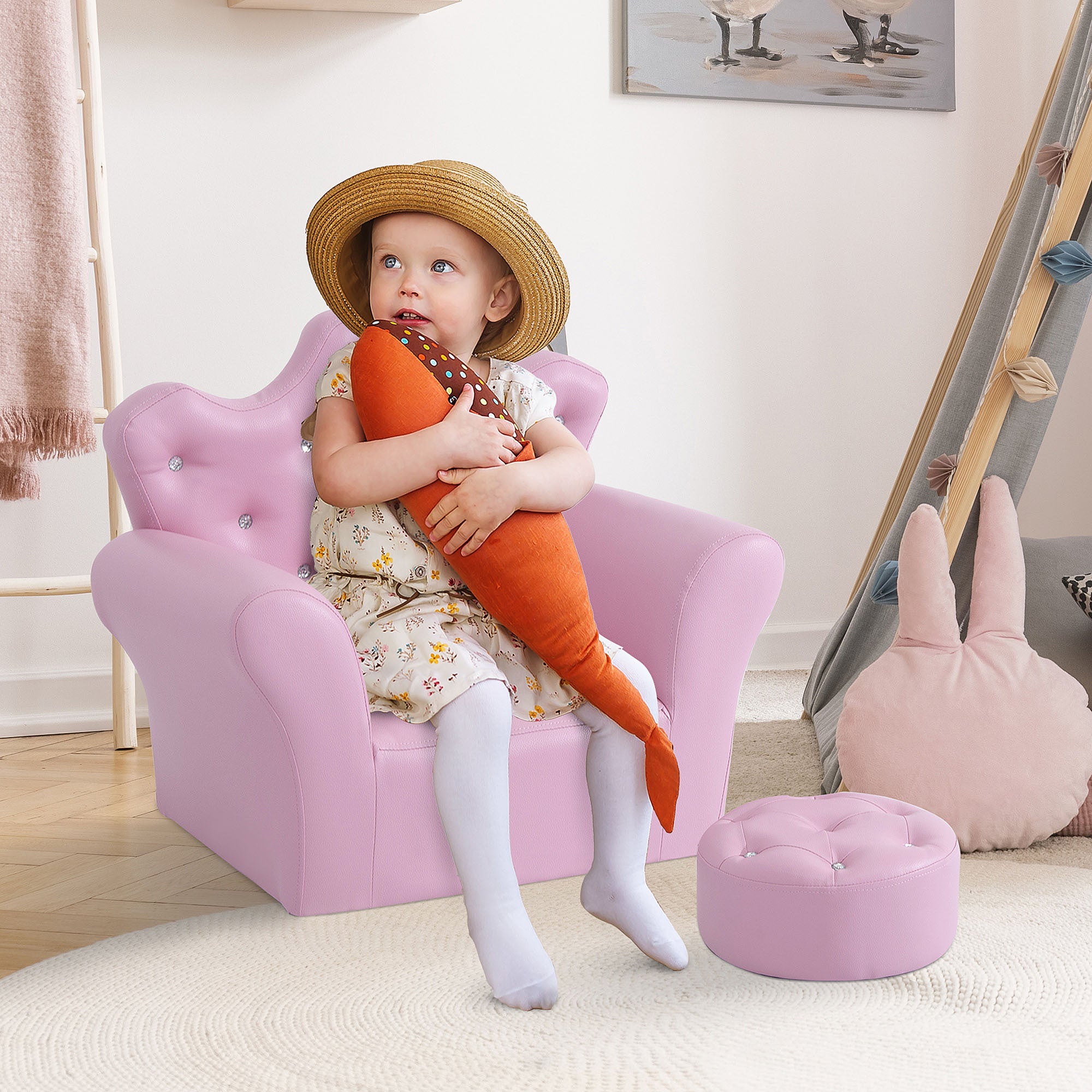 Kids Sofa Set, Children's Upholstered Sofa with Footstool, Princess Sofa with Diamond Decorations, Baby Sofa Chair for Toddle