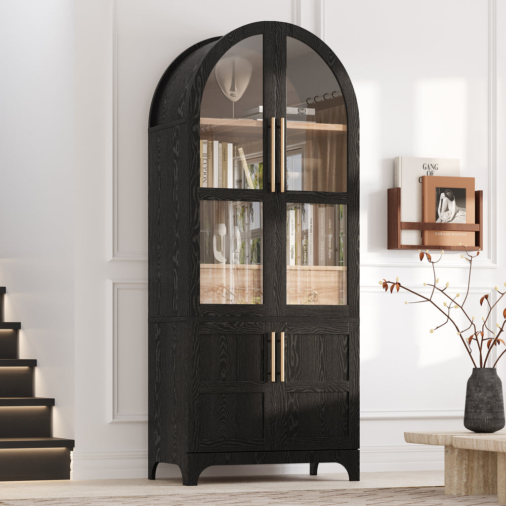 K&K 71' Tall Arched Kitchen Pantry Cabinet with Door Shelves, Farmhouse Kitchen Storage Cabinet with Open & Adjustable Shelves, Hidden Drawer & Glass Door, Cupboard for Kitchen, Dining Room, Black - Grand Goldman Shop