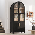 K&K 71' Tall Arched Kitchen Pantry Cabinet with Door Shelves, Farmhouse Kitchen Storage Cabinet with Open & Adjustable Shelves, Hidden Drawer & Glass Door, Cupboard for Kitchen, Dining Room, Black - Grand Goldman Shop
