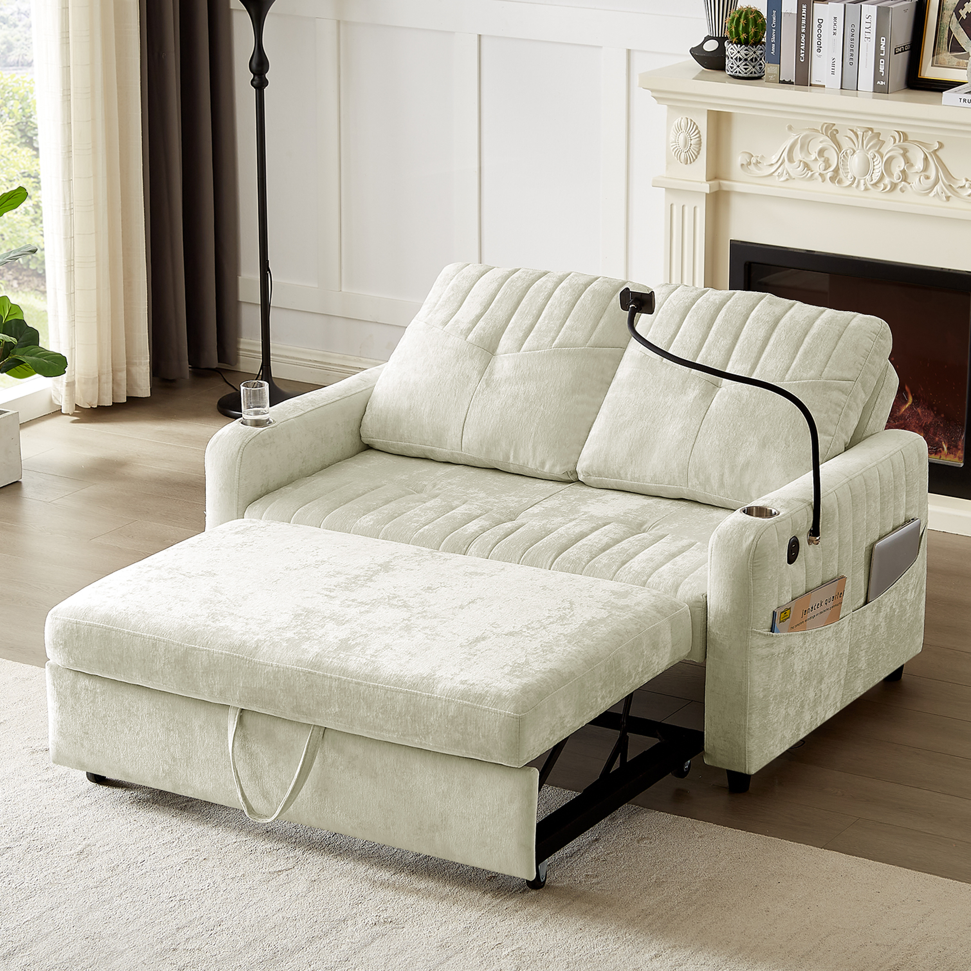 Modern 53.9' Loveseat Pull-out Sofa Bed with Adjustable Backrest, Cup Holders, Charging Ports & Side Storage in Beige Chenille - Grand Goldman Shop