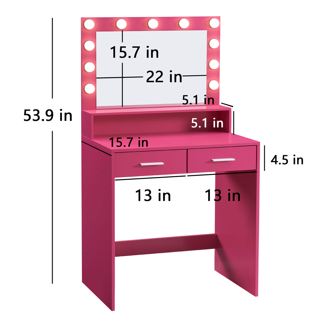 Vanity Desk with Mirror and Lights, Dressing Table with Large Drawer, 2 Level Storage Dresser & 3 Lighting Modes Adjustable Brightness, Suitable for Bedroom(Rose Pink) - Grand Goldman Shop