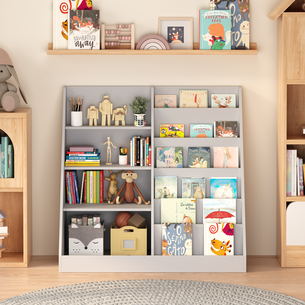 Kids Bookshelf and Toy Storage Organizer, 4-Tier Wooden Bookcase with Display Stand in Gray MDF for Nursery, Playroom, or Chi