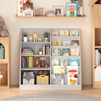 Kids Bookshelf and Toy Storage Organizer, 4-Tier Wooden Bookcase with Display Stand in Gray MDF for Nursery, Playroom, or Chi
