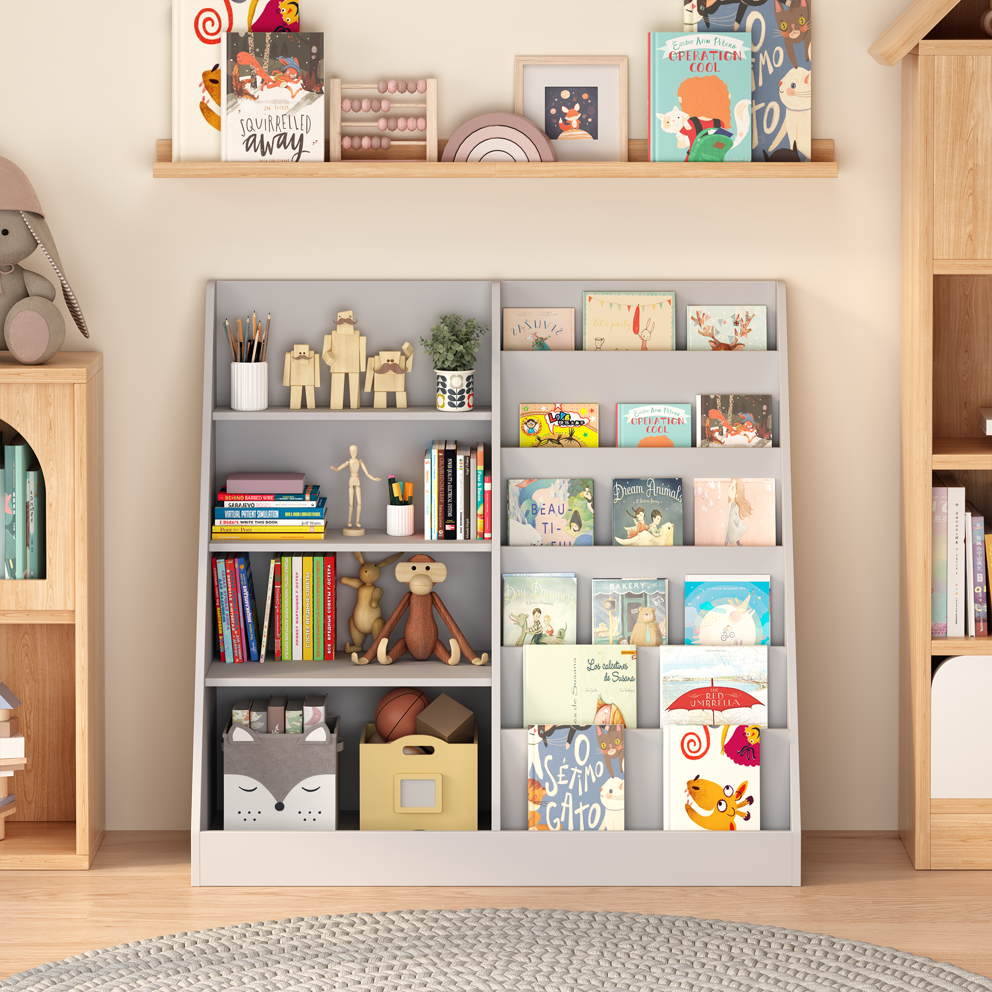 Kids Bookshelf and Toy Storage Organizer, 4-Tier Wooden Bookcase with Display Stand in Gray MDF for Nursery, Playroom, or Chi