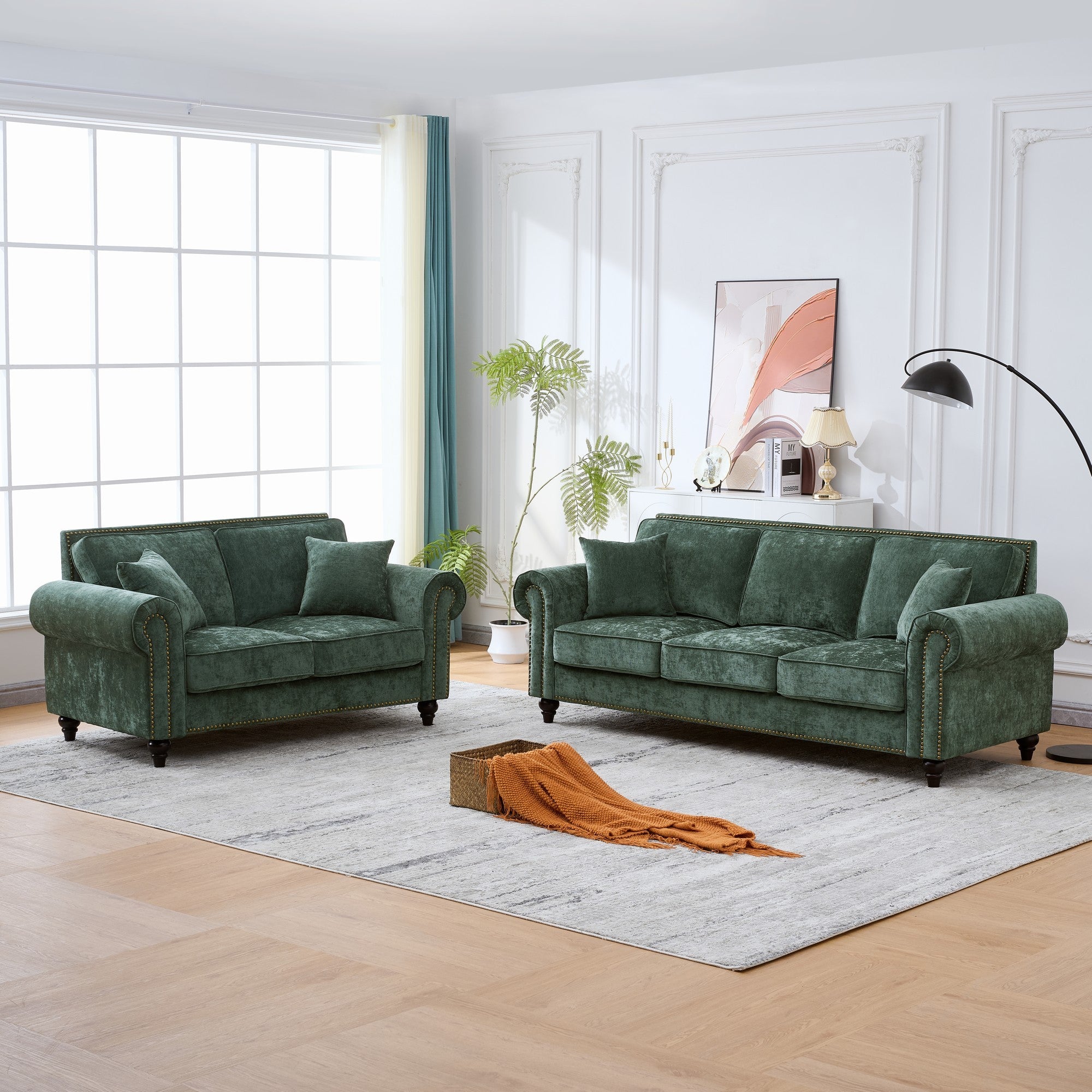 Modern 2-Seater Sofa with Rolled Arms, Tufted Upholstery, Wood Legs, Nailhead Trim, Beige Fabric, 63' - Grand Goldman Shop