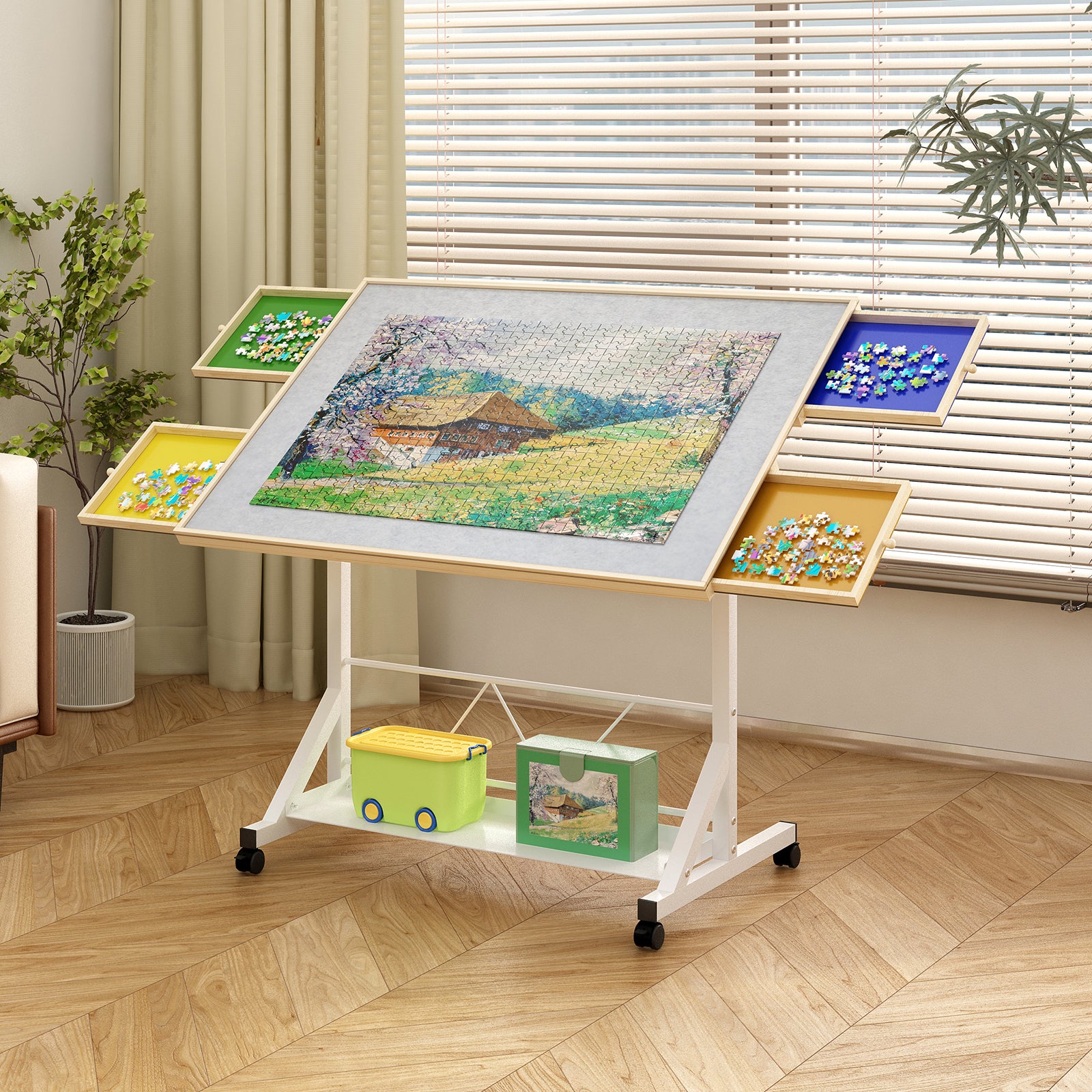 Stylish (WHITE) Wooden 1500 Piece Puzzle Table with Drawer, 35'*27.17' Adjustable Puzzle Table, 360° Tilting Puzzle Table wit