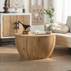 Vintage Style Barrel Coffee Table with Storage in Natural Finish, Solid Wood and MDF, 31.50' Diameter for Living Room, Dining Room, Office - Grand Goldman Shop