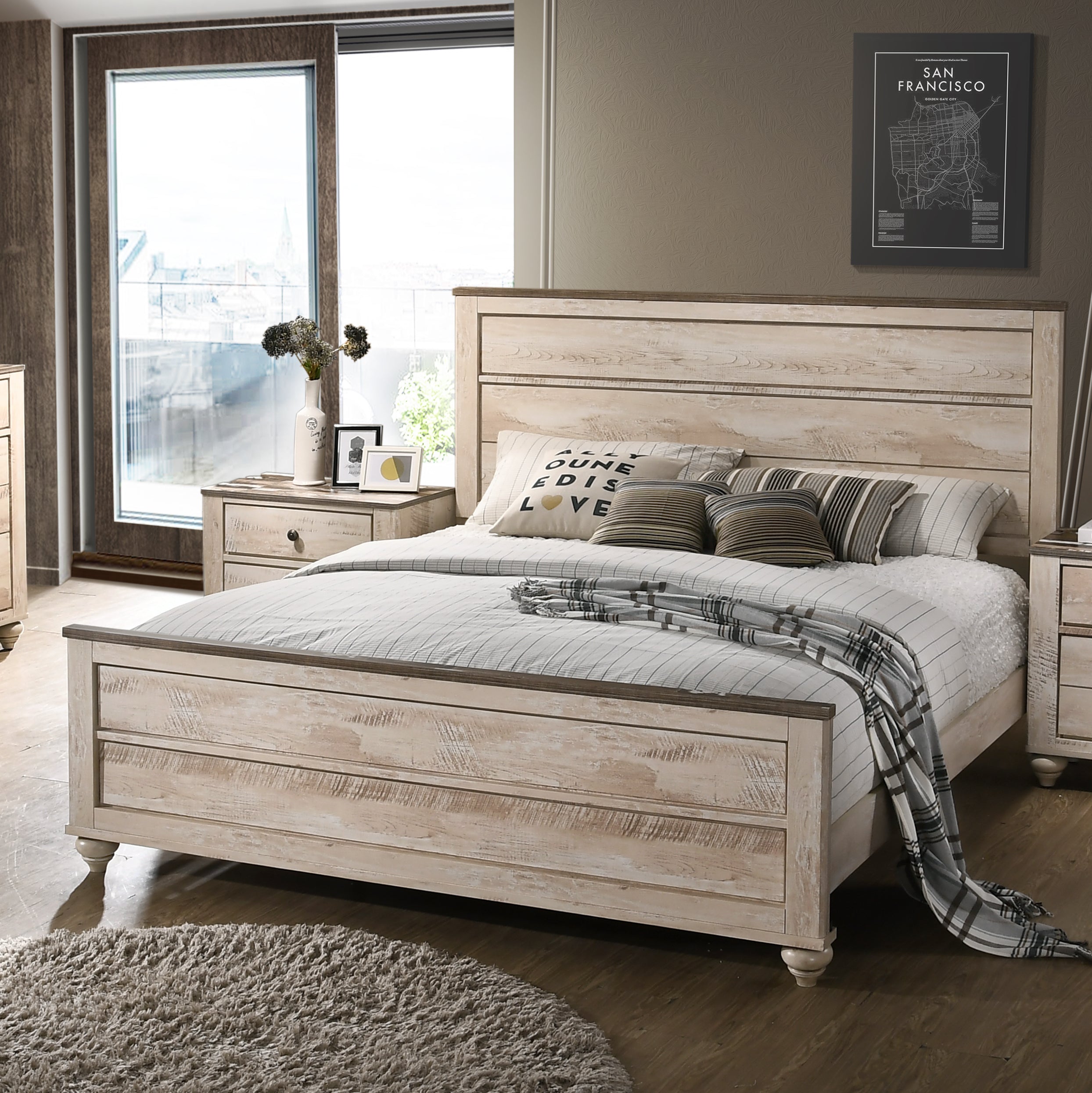 Imerland Contemporary White Wash Finish 4-Piece Bedroom Set-Queen Bed, Dresser, Mirror, Nightstand - Grand Goldman Shop