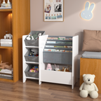 Kids Bookshelf and Toy Storage Organizer, Multifunctional 4-Tier White MDF Bookshelf with 3 Collapsible Fabric Drawers for Nu