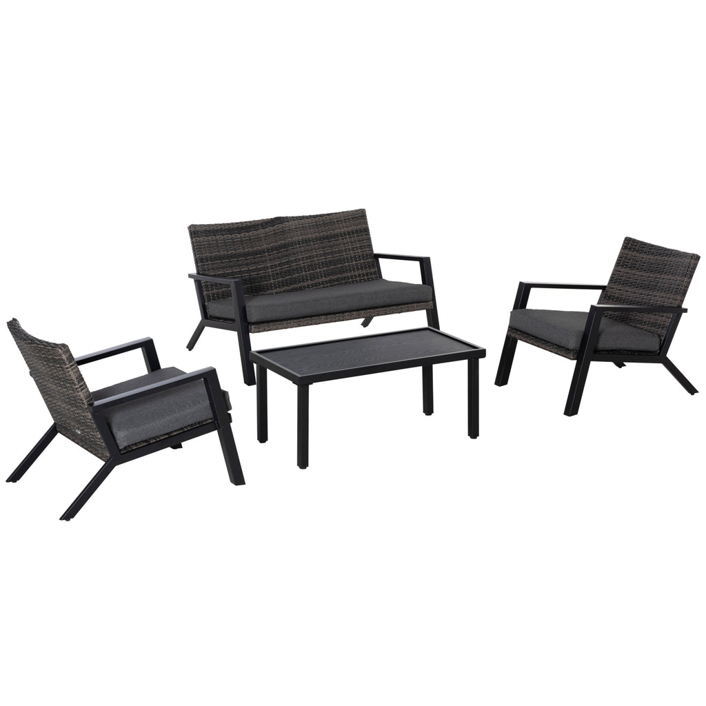 Outsunny パティオ家具4点セット、PEラタンチェア2脚、ラブシートソファ、屋外コーヒーテーブル、ソフトクッション付き、裏庭・庭用、ブラック
