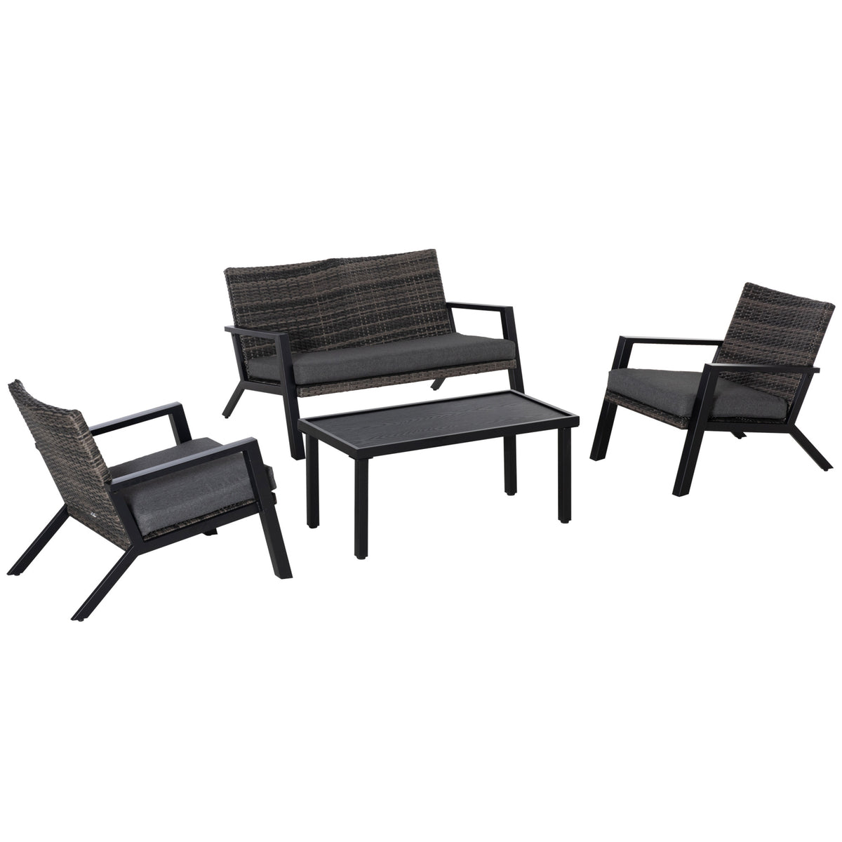 Outsunny パティオ家具4点セット、PEラタンチェア2脚、ラブシートソファ、屋外コーヒーテーブル、ソフトクッション付き、裏庭・庭用、ブラック