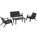 Outsunny パティオ家具4点セット、PEラタンチェア2脚、ラブシートソファ、屋外コーヒーテーブル、ソフトクッション付き、裏庭・庭用、ブラック