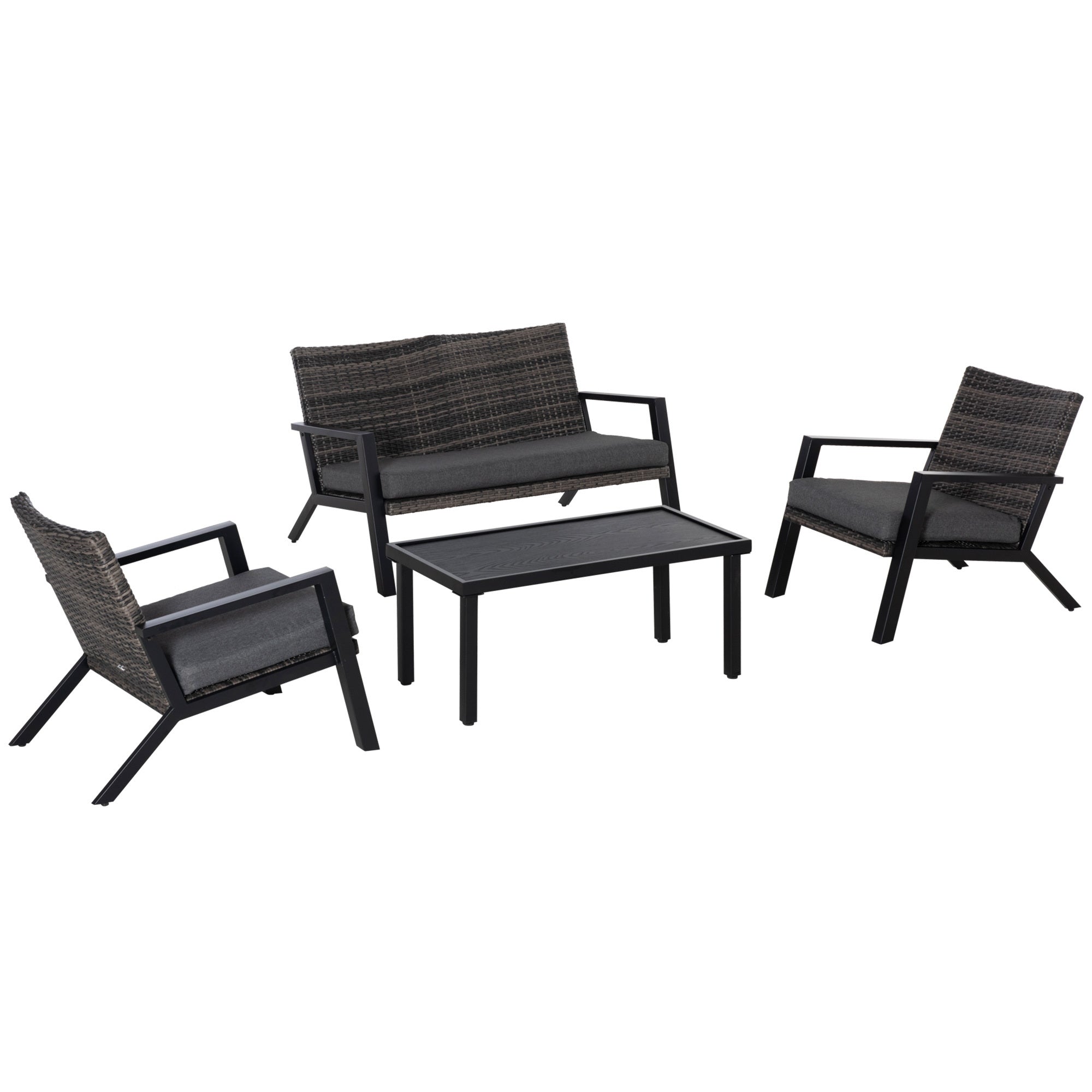 Outsunny パティオ家具4点セット、PEラタンチェア2脚、ラブシートソファ、屋外コーヒーテーブル、ソフトクッション付き、裏庭・庭用、ブラック