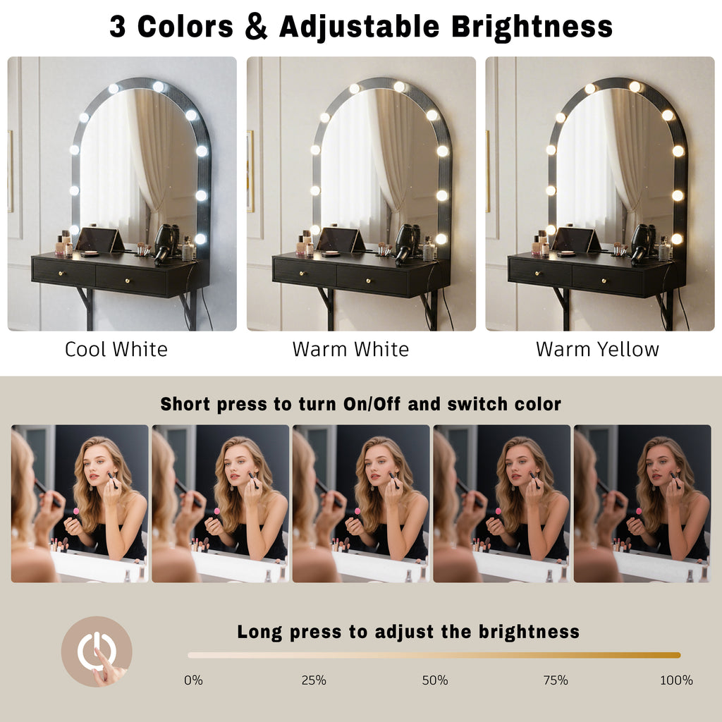 Floating Wall Mounted Makeup Vanity Desk with LED Mirror 3 Color Lights, Compact Dressing Table with Power Outlet & USB Charging, Space Saving Large Storage Vanity for Bedroom Bathroom, Black - Grand Goldman Shop