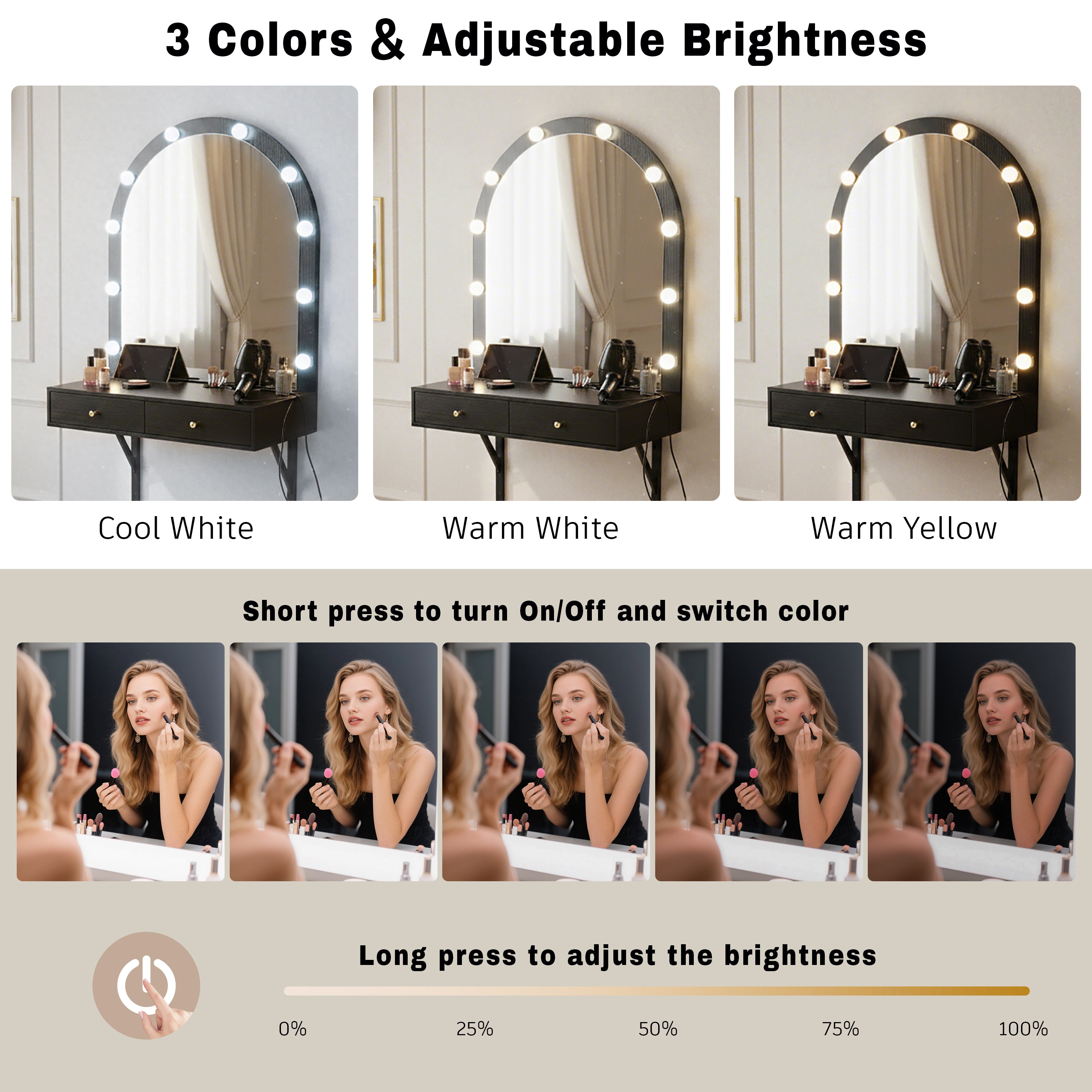 Floating Wall Mounted Makeup Vanity Desk with LED Mirror 3 Color Lights, Compact Dressing Table with Power Outlet & USB Charging, Space Saving Large Storage Vanity for Bedroom Bathroom, Black - Grand Goldman Shop