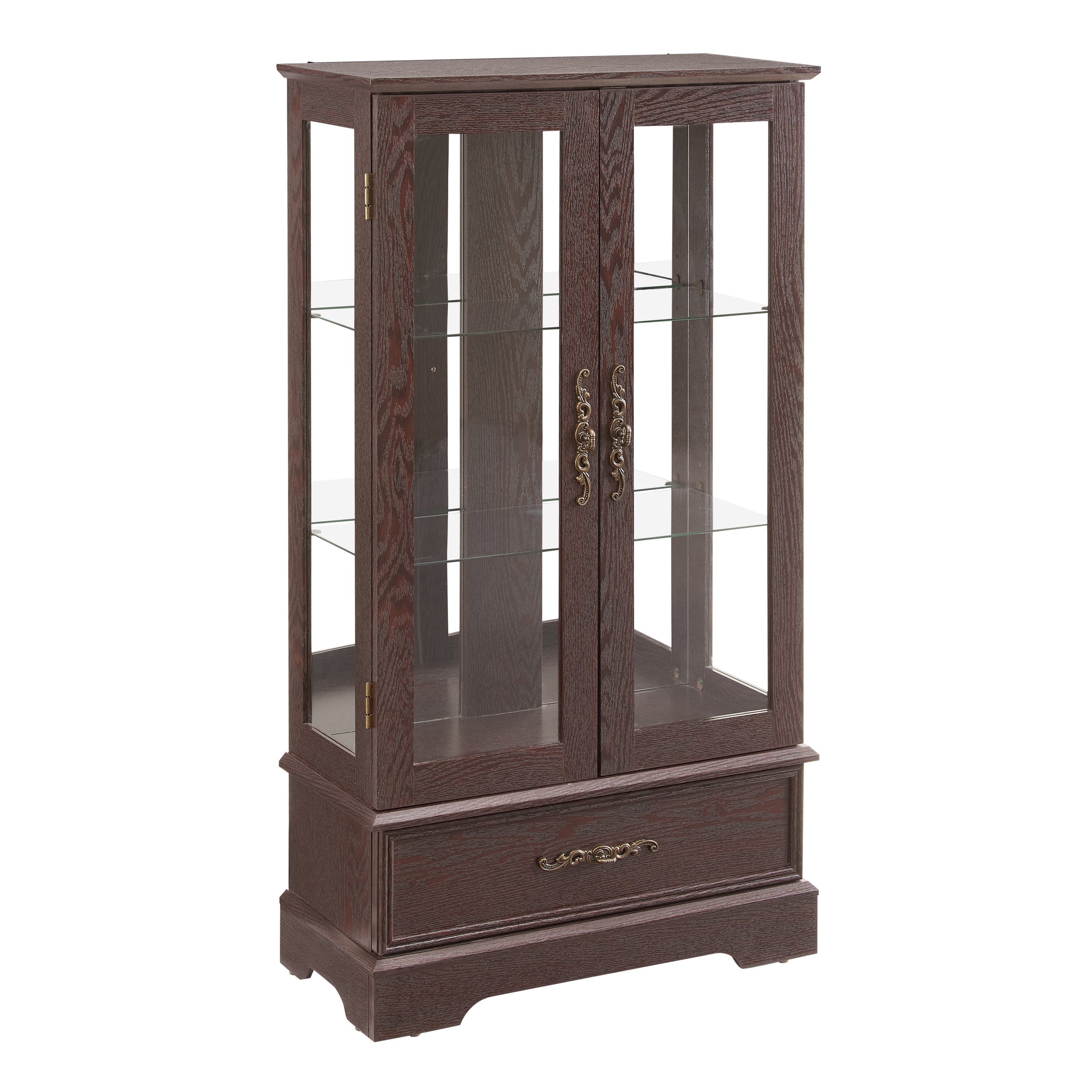 Glass Cabinet Lighted Glass Cabinet Curio Display Cabinet with Adjustable Glass Shelves 2 Doors and 1 drawer Cabinet Bulb Included Cherry - Grand Goldman Shop