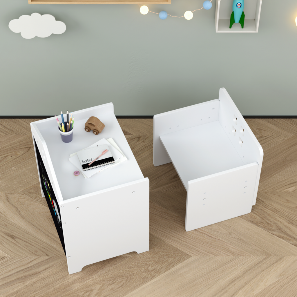 Kids Montessori Weaning Table and Chair Set, Wooden Toddler Table and Chair Set Kids Activity Table Step Stools with Blackboa