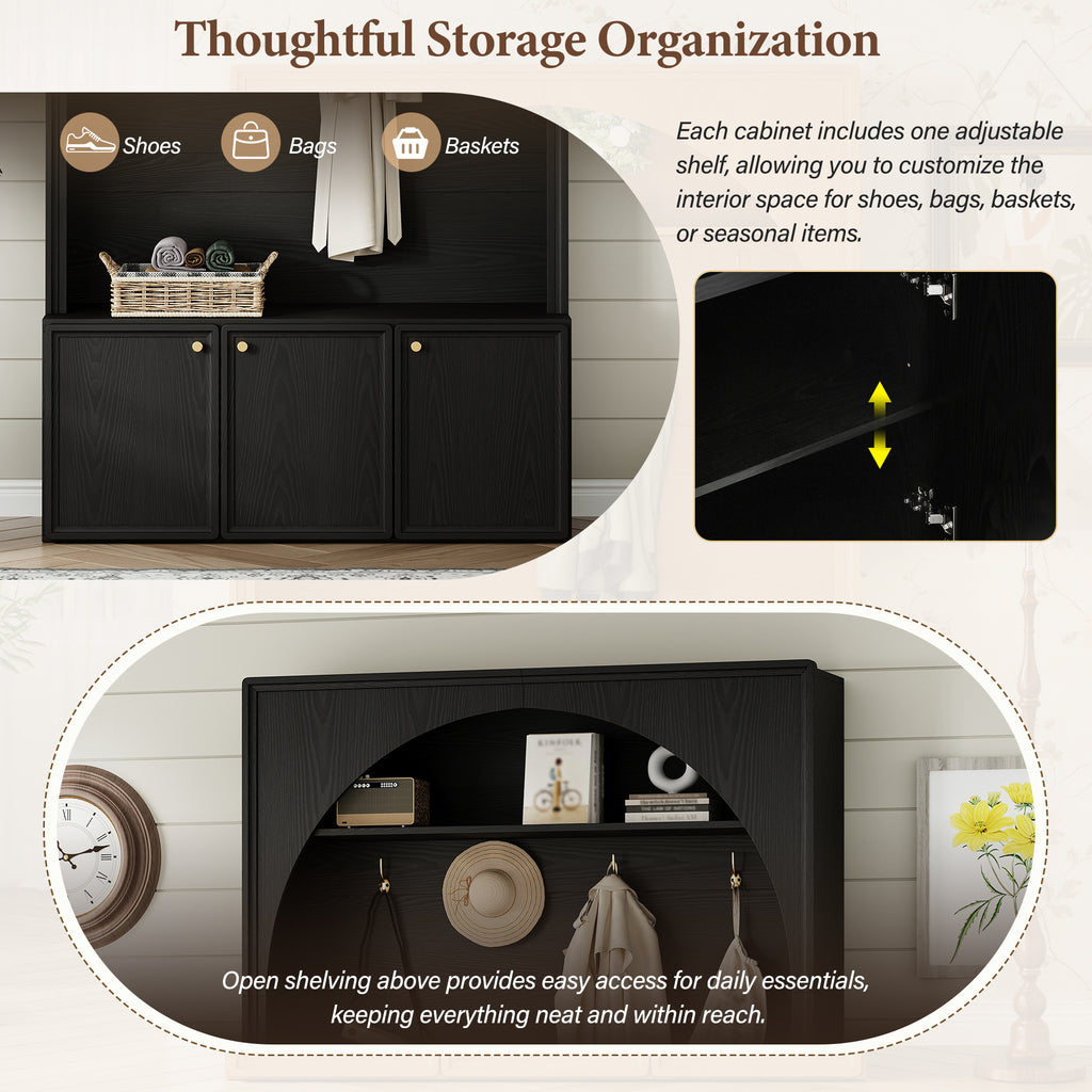 ON-TREND Farmhouse All-in-One Hall Tree with Adjustable Shelves, Retro Arched Entryway Storage Bench with 3 Cabinets, Wooden Coat Rack Organizer with 4 Golden Hooks for Mudroom, Hallway, Black - Grand Goldman Shop